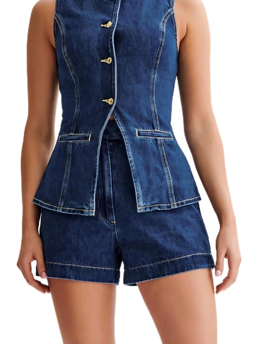 Denim Peplum Vest & Shorts Set - Deep Indigo
